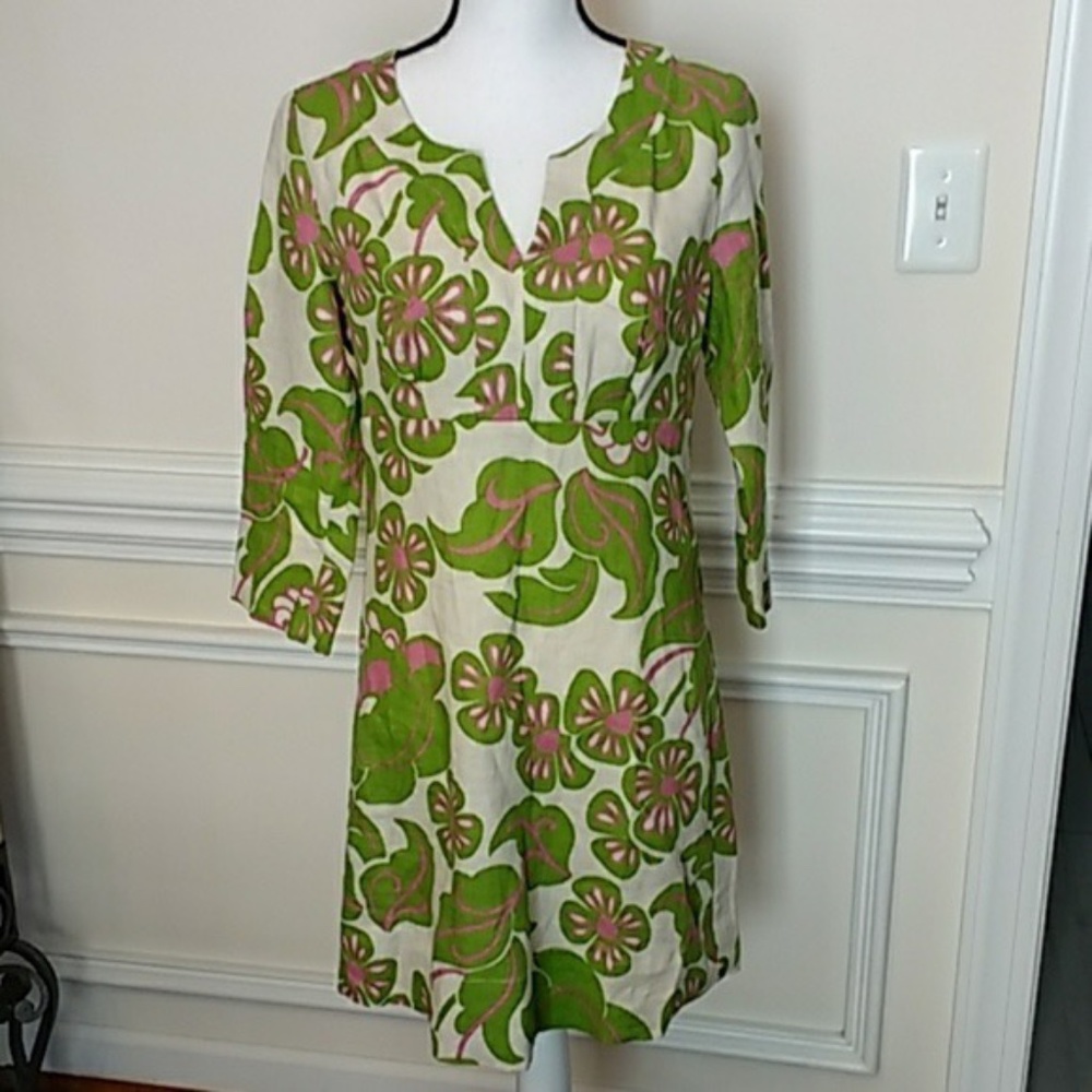 Boden Linen Dress Pink/Green/Cream Sz 6